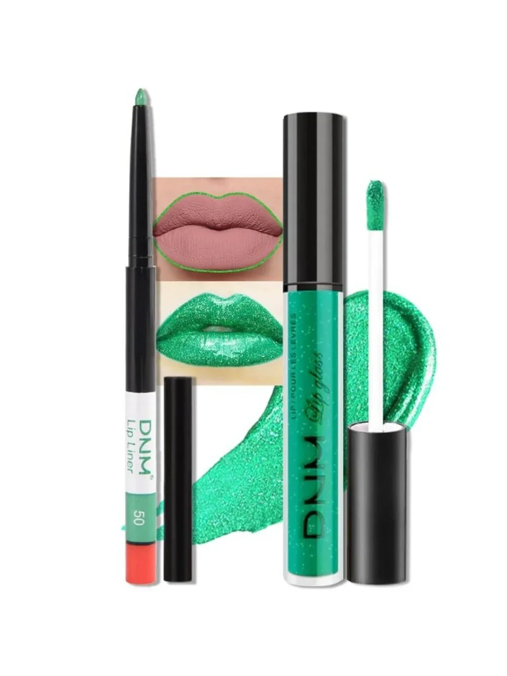 DNM 50# Green Glitter 2Pcs 24H Long-Lasting Matte Liquid Lipstick and Lip Liner